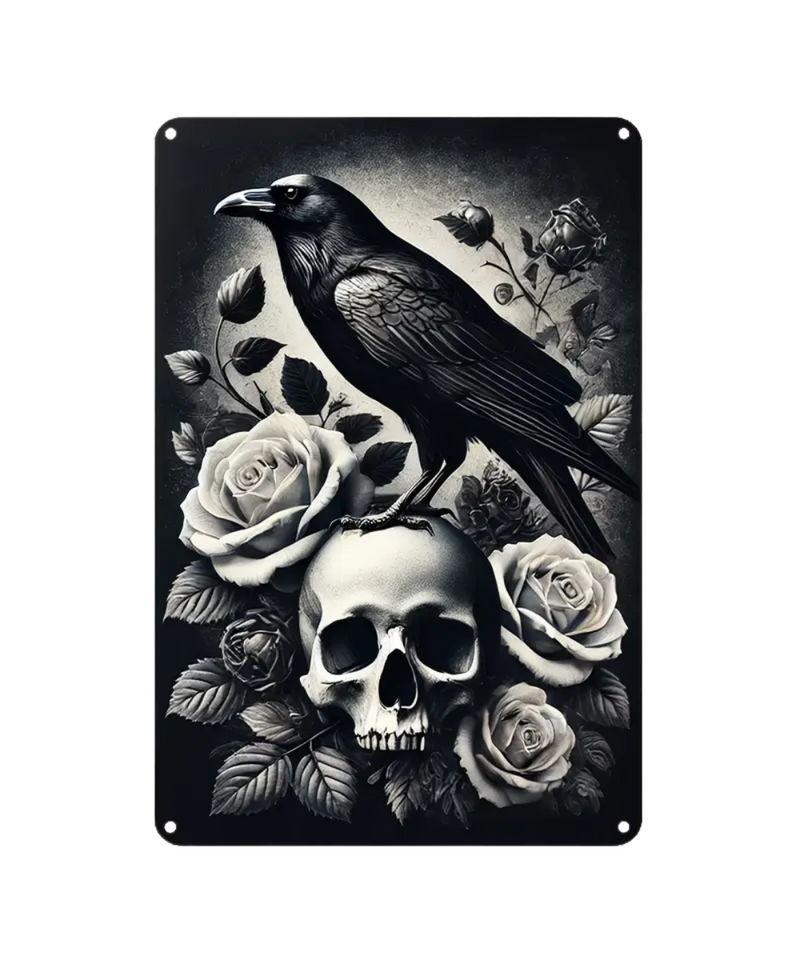 Gothic Black Crow & Skull Tin Sign
