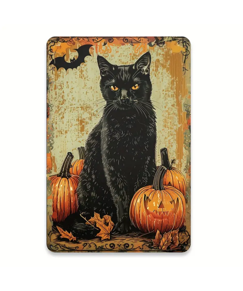 Black Cat & Pumpkins Tin Sign